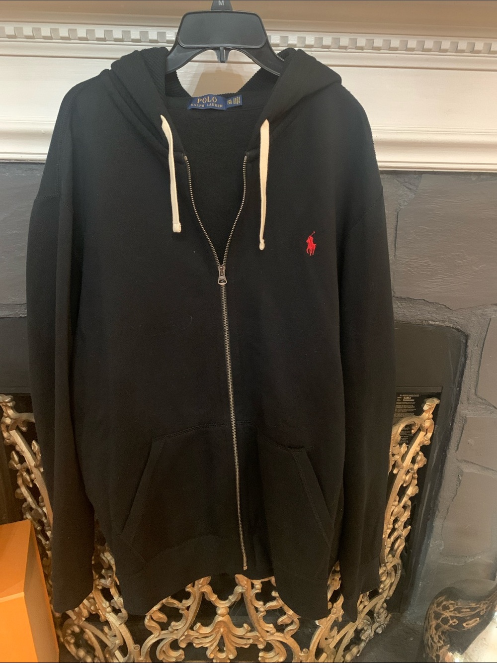 Polo by Ralph Lauren Black Zip Hoodie with Red Pony and Cream Drawstrings